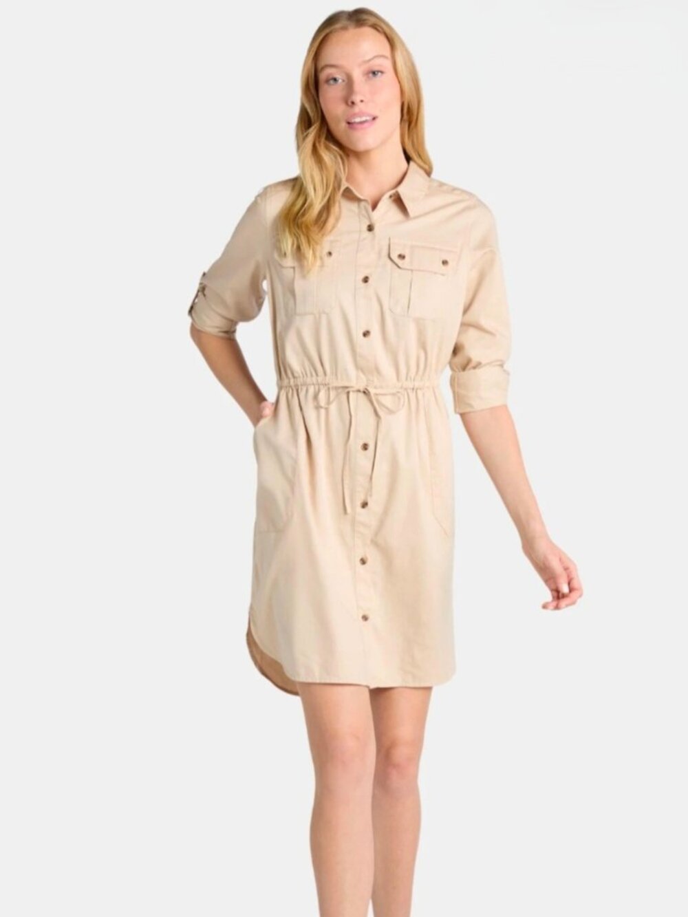 Time and Tru Women's Long Sleeve Utility Shirt Dress Beige Tan Relaxed-fit Large